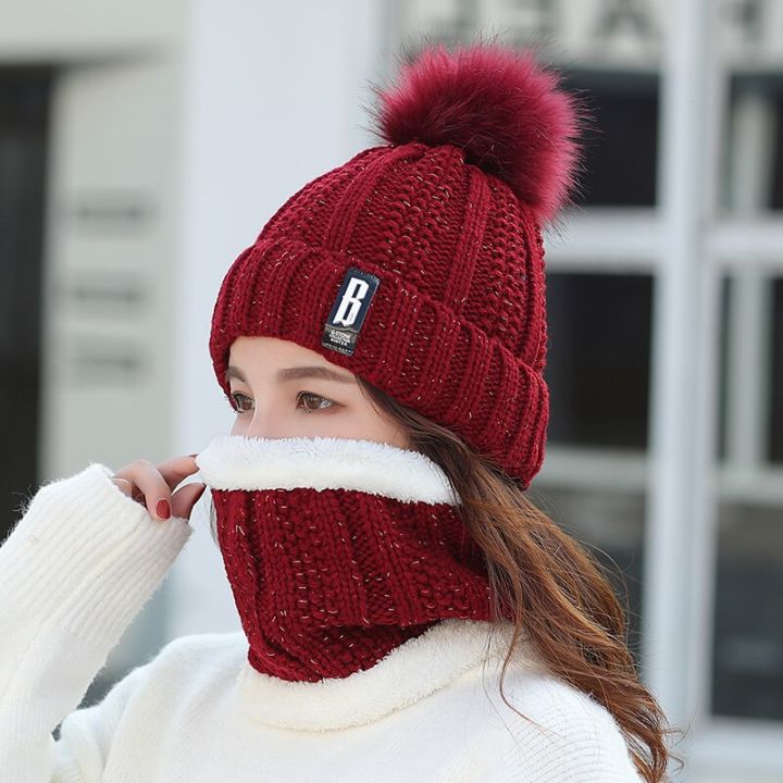 2-piece-suit-winter-women-scarf-hat-set-solid-pompoms-knitted-caps-and-scarves-keep-warm-accessories