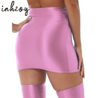 Women Glossy Pencil Skirt Oil Shiny Bodycon Miniskirt High Waist Cheer Booty Clubwear Pole Dancing Outfit Nightclub Rave Costume