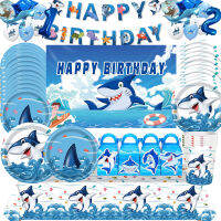 Shark Party Supplies Blue Ocean ชุดเครื่องใช้บนโต๊ะอาหารสำหรับเด็กวันเกิด Baby Shower จานถ้วยผ้าปูโต๊ะแบนเนอร์บอลลูนตกแต่งงานปาร์ตี้-Zkeir