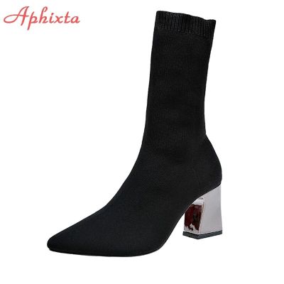 *HOTAphixta โลหะสี7ซม.สแควร์ส้นถุงเท้ารองเท้าผู้หญิงขนาดใหญ่43ผ้ายืดยืดหยุ่น Pointed Toe รองเท้าข้อเท้ารองเท้าผู้หญิง