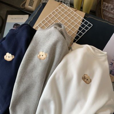 Bear embroidery shirt Korean spring autumn loose large size student jacket thickened Lovely bear O-neck sweatshirt for men women
