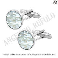 ANGELINO RUFOLO Cufflink(คัฟลิงค์) ดีไซน์ White Mosaic Circle กระดุมข้อมือคัฟลิ้งโรเดียมคุณภาพเยี่ยม ตัวเรือนสีเงิน ประดับตกแต่งด้วย Pearl