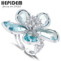 HEPIDEM Blue Glass 925 Sterling Silver Rings 2022 New Women Big Size Store Crystal Gem Gemstones S925 Fine Jewelry 7016