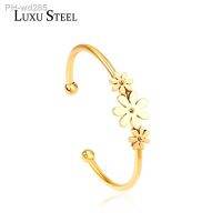 LUXUSTEEL Gold Color Flower Plant pulseira Mujer Daily Wear Stainless Steel Steel Ball Cuff Bracelets Fashion Jewelry