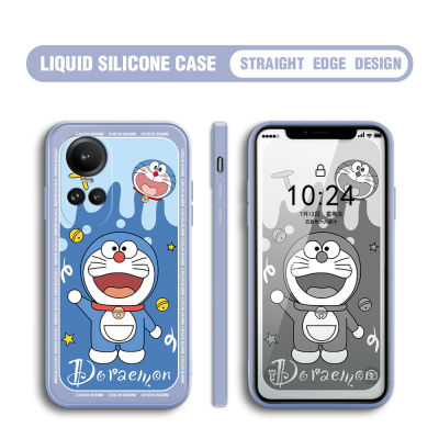 GGK เคสสำหรับ OPPO Reno10 Pro 5G ยิ้มน่ารักโดราเอมอนเคสโทรศัพท์สี่เหลี่ยมดั้งเดิมปลอกซิลิโคนของเหลวคลุมทั้งหมดเคสป้องกันทนแรงกระแทกกล้อง