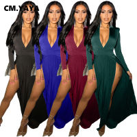 CM.YAYA Women Autumn High Side Slit Bodycon Midi Maxi Dress Long Sleeve Pencil Bandage Sext Club Night Club V-neck Long Dresses