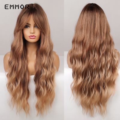 【jw】℗☃▫ Emmor Hair Wig Ombre Blonde Synthetic Wavy Wigs With Bangs for Resistant