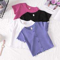 เสื้อแขนสั้นสำหรับเด็กหญิง Tops สีคอกลมเสื้อยืดเด็ก3-15yrs