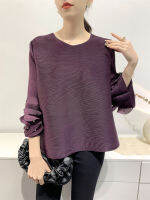 Womens Beaded Round Neck Loose Slim Pleated T-Shirt