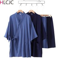 Summer 2PCS Japanese Style Men Rayon Thin Clothing Sets Solid Kimono Cotton Steaming Wear Pajamas Set Men Bathrobe Nightgown