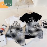 WANDER ชุดเช็ตเด็กผญ เสื้อยืดเด็กผญ การออกแบบตัวอักษรแฟชั่นเกาหลี เสื้อยืดผ้าฝ้ายเด็กผู้หญิง+กระโปรง23826