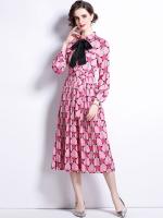 Designer Woman Dress Spring Autumn Womens Long Sleeve Vintage Print Elegant Bow Pleated Dresses Lady Clothes Slim Vestidos Robe