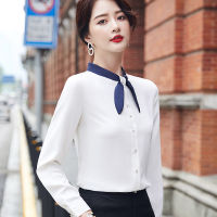 2021Professional Navy Blue Shirt Women Long Sleeve Chiffon Temperament Patchwork Autumn New Bow Collar Formal Slim Blouses