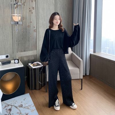 ‘；’ MEXZT Women Pleated Wide Leg Pants High Waist Korean Fashion Black Sequined Elastic Straight Casual Trousers Streetwear New