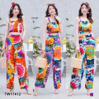 B17412 set 3ชิ้น เสื้อเอวจั้มพิมลาย + กางเกงพิมลายขายาว + โบว์ผูกผม Set of 3 pieces: printed pattern jumper + long pants + hair bow