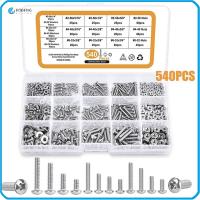 RJQFNG 540PCS #2-56 #4-40 #6-32 ชุดสกรูเครื่องจักร 9ขนาด 304สแตนเลสสตีล ชุดสกรูน๊อตแหวนรอง ชุดน็อตและน็อต สกรูหัวกระทะ Phillips เครื่องจักรความแม่นยำสูง