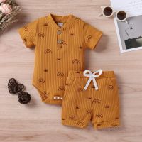 2PCS Summer Kids Baby Girls Boys Casual Jumpsuit Set Outfit Toddler Rainbow Sun Print Rib Short Sleeve Romper Shorts Clothes Set  by Hs2023