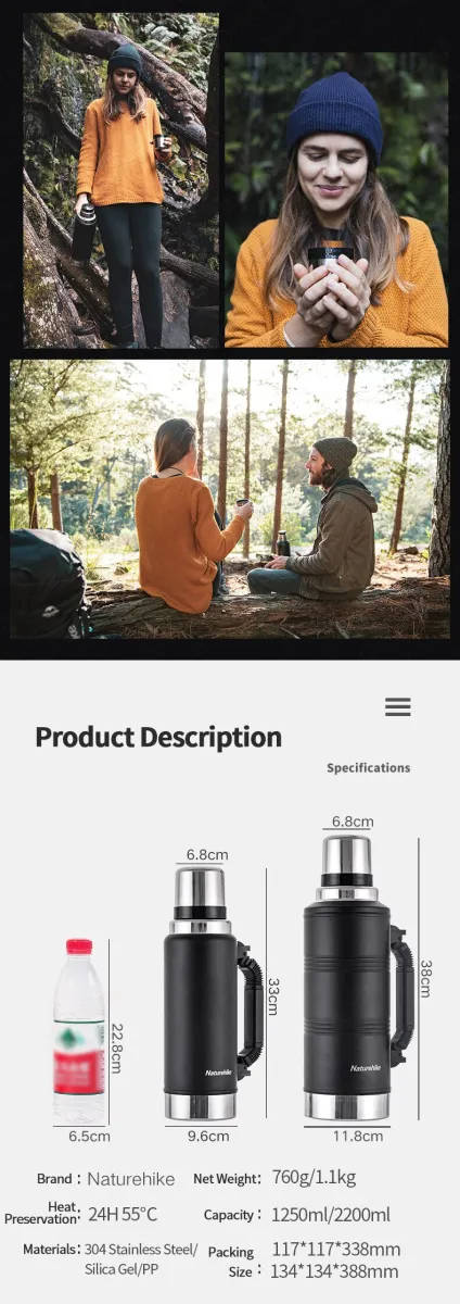 Naturehike 1250ML/2200ML Large Capacity Vacuum Flask Sport Bottle 304 Stainless Steel Outdoor Thermos Bottle Camping Hiking Thermos Cup