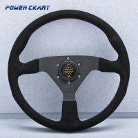 ☊ 14inch Auto JDM Racing Black Suede Leather Flat Corn Drift Sport Steering Wheels For Honda