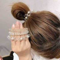 High Quality Women Gold Silver Elastic Plastic Rubber Telephone Cord Twist Pearl Phone Wire Line Hair Ties