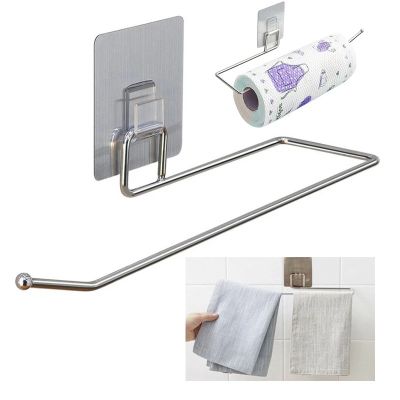 Stainless Steel Self-adhesive Towel Holder Tissue Roll Kitchen Rag Paper Storage Rack Holder Hanger Bathroom Door Hanging Hook