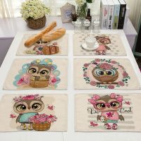 1Pcs Kawaii owl Pattern Kitchen Placemat Cotton Linen Dining Table Mats Coaster Pad Bowl Cup Mat 42x32cm Home Decor ML0007