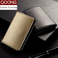 QOONG Fashion Men Women Genuine Leather Stainless Steel Hasp Business Name ID Credit Card Holder Case Large Capacity KH1-015 Card Holders