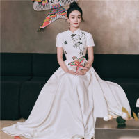 （HOT)9108 จ้าวลี่อิ๋ง 2023 CC Spring Festival Gala ชุดเดรสสีขาวแบบเดียวกัน Mozhu แขนสั้น cheongsam ชุดเดรสสไตล์จีน