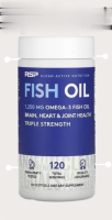 RSP Nutrition, Fish Oil Omega 3, size 1,250 mg, contains 120 soft capsules.