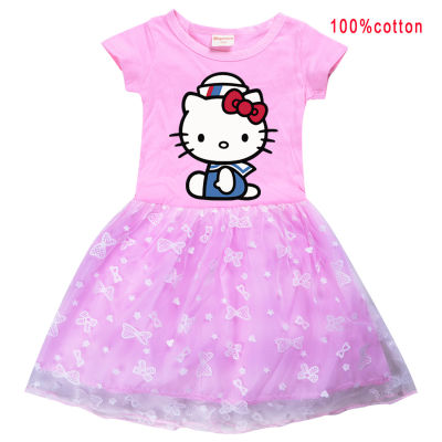 Kitty Cat พิมพ์เจ้าหญิงชุดเด็กผ้าฝ้าย2-9ปีชุดสายรุ้ง Star Moon ฤดูใบไม้ผลิฤดูร้อนเสื้อผ้าเด็กสาวน่ารักของ0000