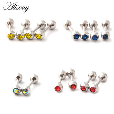 Alisouy 2Pcs Stainless Steel ball Round Crystal Cartilage Helix Barbell Bar Ear Stud Piercing 18G Earring Body Piercings Jewelry