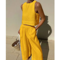 2023 Casual Women Cotton Linen Set Spring O Neck Sleeveless Tank Tops High Waist Pants Outfits Summer Female Soft Two Piece Suit