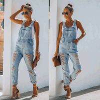 ผู้หญิง Ripped Denim Jumpsuit แฟชั่น Slouchy หลวมกระเป๋า Slim สีทึบสีฟ้ากางเกงยีนส์กางเกงทำงาน Clothes