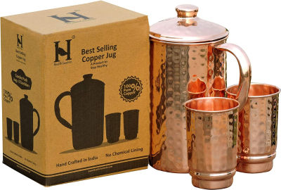 HealthGoodsIn - Pure Copper Hammered Water Jug with 2 Hammered Copper Tumblers | Copper Pitcher and Tumblers for Ayurveda Health Benefits