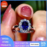 YANHUI Original Certified Tibetan Silver Rings For Women Trendy Jewelry With Blue CZ Zirconia Flower Shaped Engagement Ring