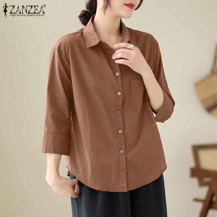 สินค้ามาใหม่-จัดส่งฟรี-fancystyle-zanzea-เสื้อลำลองแขน3-4ของผู้หญิง-เสื้อกระดุมคอเสื้อเปิด-ลง-8