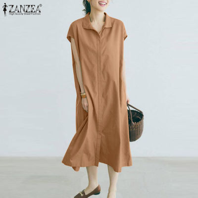 (สินค้ามาใหม่)(จัดส่งฟรี)Fancystyle ZANZEA เสื้อมิดิลำลองแบบสไตล์เกาหลีของผู้หญิงชุดเดรสเปิดเสื้อแขนสั้นมีปก #8