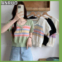 ANRUO เสื้อสเวตเตอร์ขนสัตว์พิมพ์ลายลายรุ้งสำหรับผู้หญิง,เสื้อสเวตเตอร์แขนกุดเข้ารูปพอดีเสื้อเชิ้ตตัวเล็กลดอายุในฤดูร้อน