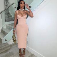 Women 2022 Spring Bodycon Strap Midi Dress Solid Summer V-Neck Spaghetti Sleeveless Night Club Sexy Long Party Slip Dress Female