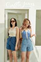 Sis story กางเกงยีนส์ ขาสั้น เอวสูง ทรงเบอร์มิวดา แต่งเชือกเกลียว  Sis 038 Croffle high-waisted with twisted rope Jeans - Blue/Dark blue