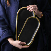 KINGLANG Gold Slim Oval Shape Ceramic Plate Bread Serving Tray for Comestic