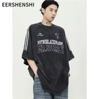 EERSHENSHI เสื้อเสื้อยืดลำลองแขนสั้นผู้ชาย คอกลมหลวมสีเทาโอเวอร์ไซส์