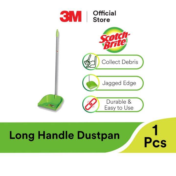 3M ScotchBrite Long Handle Dustpan Durable Rubber Edge Easy Dirt