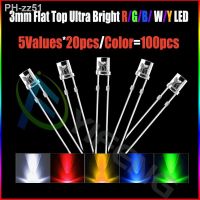 ♟۞☇ 20pcs x 5 Colors 100pcs 3mm 2pins Flat top White Red Yellow Blue Green Wide Angle light emitting diode lamp LED