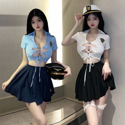 Sexy Lingerie Cosplay Costune Police Uniform Lacing Hollow Out Hat Shirt Skirt Suit Set Exotic Clothing Night Club Wear Womens