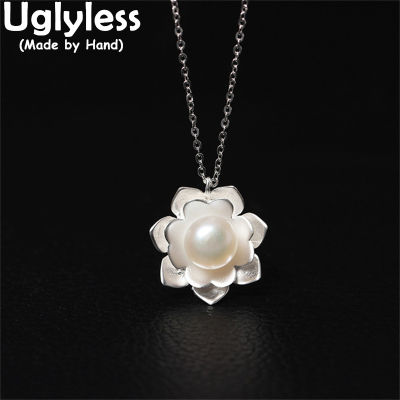 Uglyless Real S925 Sterling Silver Women Elegant Lotus Pendant Necklaces with Chains Natural Pearl Flower Chokers Ethnic Jewelry