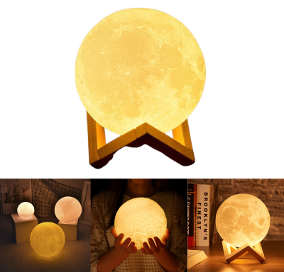 【akula store】LED Night Light Moon Lamp 8CM/12CM/15CM 3D Print Creative Star Battery Powered Gentle lighting Home Decoration Children Gift (With Stand)