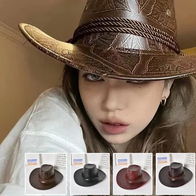 PU Leather Cowgirl Hat Durable Leather Cowboy Hat Stylish Cowgirl Hat Lightweight Outdoor Cap Unisex Cowboy Hat
