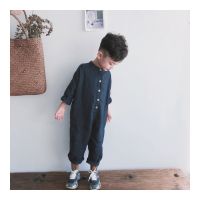 Spring Autumn Boys girls solid color linen long sleeve jumpsuits Korean style children soft loose bodysuits