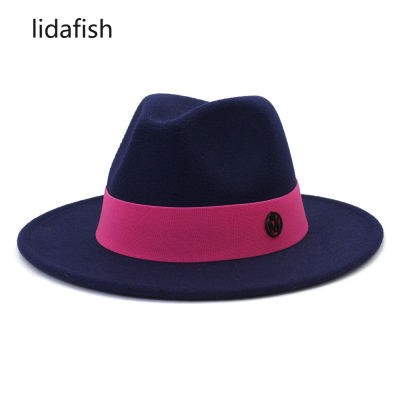 lidafish Fashion M Letter Ribbon Elegant Jazz Fedora Hat British Style Wide Brim Felt Formal Trilby Hat For Women Men